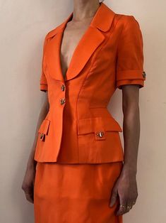 80s Mugler Orange Sailor Button Short Sleeve Hourglass Fitted - Etsy 80s Orange Outfit, 80s Two Piece Outfit, Retro Long Sleeve Skirt Suit For Tailoring, Tailored Retro Blazer With Pockets, 80s Womens Suit, 80s Mugler, Retro Tailored Blazer With Pockets, Vintage Fitted Blazer With Pockets, Short Sleeve Blazer Outfit