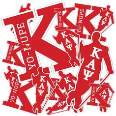 red and white stickers with the letters k and an image of a man holding a baseball bat