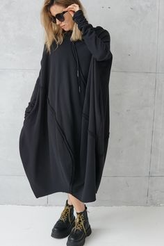 Be relaxed, free and safe in this oversized dress. Unique oversized tunic dress, made of cotton Italian jersey. Wear it even as a long top or dress. It's extremely versatile. The dress has long sleeves. The dress has decorative seams on the front and hidden pockets in the side seam. The dress bottom with raw ends. It's the season-less statement piece you have been looking for. The dress is made of high-quality jersey and makes it a perfect casual wear. DIDRESS is part of the slow fashion movemen Goth Plus Size, Oversized Tunic Dress, Long Sleeve Jersey Dress, Black Cotton Dresses, Slow Fashion Movement, Oversized Tunic, Oversized Dress, Jersey Dress, Tunic Dress