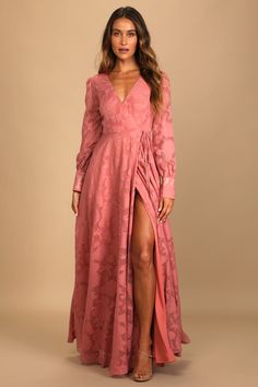 Pink Wrap Dress - Wrap Maxi Dress - Jacquard Maxi Dress - Lulus Pink Wrap Dress, Long Sleeve Bridesmaid Dress, Flowy Maxi Skirt, Formal Dresses Gowns, Midi Ruffle Dress, Backless Maxi Dresses, Floral Jacquard