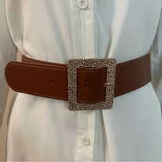 Plus Size Brown Pu Leather Gold Tone Square Buckle Elastic Waistband Belt Color: Brown Material: 50% Elastic, 50% Polyurethane Please Notice: White Shirt Is Not Included, Listing Is For The Belt Only. Warning: P65 (See Last Picture) All Measurements Are Approximate And Taken Laying Flat: Length: 39 Inches Length To Last Belt Hole: 35 1/2 Inches Width: 2 Inches Tags For Exposure: Western Wide Wide Belt Brown Belt Statement Belt Plus Size Plus Size Belt Plus Size Accessories Plus Size Fashion Leat Chic Brown Belt For Party, Chic Brown Party Belt, Trendy Adjustable Faux Leather Belt, Elegant Adjustable Belts For Fall, Brown Leather Belts For Party, Brown Leather Belt For Party, Brown Leather Party Belts, Elegant Adjustable Belt, Elegant Adjustable Rectangular Belt