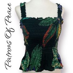 Brand New With Tags Stunning Top With Vibrant Color Smocked Bodice Tropical Print Green, Black, Orange, Purple, Yellow Smocked Shoulder Straps 100% Rayon All Actual Photos Same Day Shipping D Black Tops With Smocked Back For Vacation, Black Top With Smocked Back For Vacation, Black Ruched Top For Vacation, Black Tropical Tops For Spring, Tropical Black Tops For Spring, Spring Tropical Black Top, Black Smocked Top For Vacation, Black Smocked Back Top For Vacation, Casual Black Smocked Top For Beach