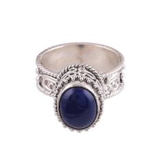 A delicate blue stone of lapis lazuli crowns this Indian single stone ring. Designed by Pawanesh Gupta the ring is handcrafted of sterling silver with bubble wire and rope motifs around the crown and band. Lapis Stone, Single Stone Ring, Silver Ring For Women, Handmade Silver Ring, Lapis Ring, Lapis Lazuli Ring, Single Stone, Jewelry Show, Silver Rings Handmade