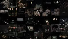 a collage of photographs with lights and flowers on them in the dark night time