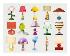 many different types of lamps on a white background