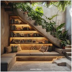 an indoor living area with plants and bookshelves