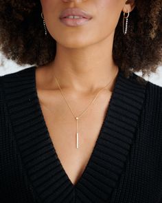 Our 18k adjustable diamond lariat necklace features 0.35ct carat of delicately set diamonds. Wear this piece long or shorten up to a choker length. We love this piece for everyday layering magic! 18k Yellow Gold, White Gold, Rose Gold 0.35ct total weight Adjustable 22" longest length, 14" shortest length The diamond bar drop is 1.5" from the diamond bezel Full cut, clear, round brilliant cut diamonds Benefits of Solid 18k Gold Jewelry Most loved for its durability and longevity Can be worn daily Diamond Lariat Necklace, Diamond Bar, 18k Gold Jewelry, Bezel Diamond, Lariat Necklace, Everyday Jewelry, Round Brilliant Cut Diamond, Lead Time, Brilliant Cut Diamond