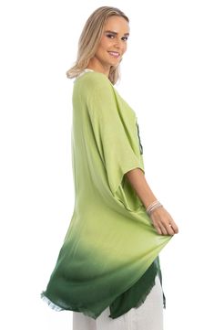 Ombré coloring draws the eye to a stylish ruana secured with a front tie for versatile styling. Ties at front Three-quarter sleeves 100% rayon Dry clean Imported Cover Up Kimono, Long Kimono, Cool Tones, Split Hem, Layering Pieces, Three Quarter Sleeves, Summer Outfit, Embellishments, Layering