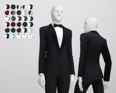 two mannequins dressed in tuxedos and suits with different colored buttons