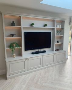 an entertainment center with built - in shelving and plants on the shelves, along with a flat screen tv