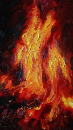 an oil painting of a fire with red and yellow flames