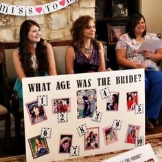 three women sitting on a couch holding a sign that says what age was the bride?