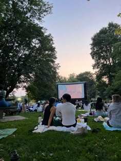 people sitting in the grass watching a movie on a large screen at sunset or dawn