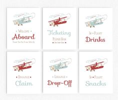 four cards with different types of airplanes on them, one is for drinking and the other has