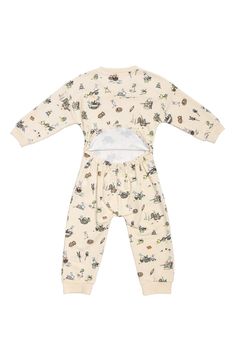 Bunnies are busy while baby sleeps in these stretchy two-piece pajamas made with a curved-hem top you can tuck in—or not. Pants have elastic waist 35% cotton, 35% rayon, 26% polyester, 5% spandex Machine wash, tumble dry Imported Casual Cream Onesie For Loungewear, Cream Long Sleeve Onesie For Loungewear, Cream Long Sleeve Onesie For Playwear, Printed Long Sleeve Onesie For Loungewear, Cream Long Sleeve Onesie For Bedtime, Cream Long Sleeve Onesie For Playtime, Beige Long Sleeve Onesie For Playtime, Bear Pajamas, Printed Long Sleeve Onesie For Bedtime