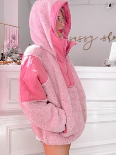 Warm up with this cozy pink Shiloh Half-Zip Pullover from Sassy Shortcake! Its ultra-soft fuzzy sherpa fabric (with hood) will give you all the cuddles you need. content: 100% polyester care: hand wash cold Kawaii Sweaters, Sassy Shortcake, Kawaii Sweater, Body Con Dress Outfit, Pink Sherpa, Pull Rose, Sherpa Fabric, Cozy Jacket, Pink Pullover