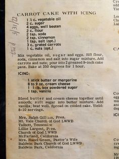 an old recipe for carrot cake with icing written on the bottom in black ink