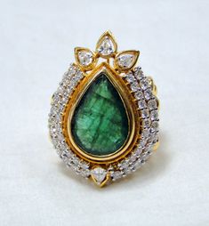 18 K solid gold large Pear Emerald and Diamond ring jewelry. USA ring size-7 ( we can adjust size), Size of top-3.2/2.7 cm, weight-18.500 grams, material-18 K gold, Diamond and Emerald. Gemstone Rings Vintage, Natural Emerald Rings, Diamond Cocktail Ring, Emerald Diamond Ring, Gold Gemstone Ring, Art Nouveau Jewelry, Diamond Cocktail Rings, 18k Yellow Gold Ring, Jewelry Rings Diamond