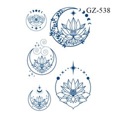 four phases of the moon with lotuses and stars on them, in blue ink