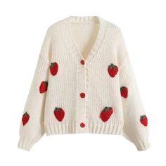 Strawberry Knitted Sweater Women Puff Long Sleeve Sweater Cardigan Harajuku Crochet Women’s Strawberries Knit Jacket Cropped Coat Oversized Button Up Fruit #Jumpers #Strawberry #Sweater #Cardigans #Red Cute Aesthetic Sweaters, Strawberry Core Aesthetic Outfit, Crochet Coats & Jackets, Strawberry Themed Clothes, Cute White Long Sleeve Cardigan, White Trendy Acrylic Cardigan, Trendy White Acrylic Cardigan, Cute White Winter Cardigan, Casual White Cardigan For Winter