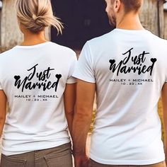 Celebrate your holy matrimony in style with this cute Just Married white t-shirt.  Customize it by the bride and groom's name and wedding anniversary date. Just Married Matching Outfits, Shirts For Newlyweds, Just Married Hoodies, Just Married Tshirts Couple, Just Married Shirts, Holy Matrimony, Anniversary Dates, Couple T-shirt, Newlywed Gifts