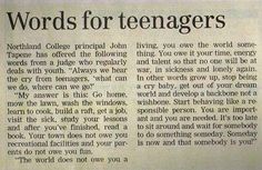 a newspaper article with words for teenagers written in black and white on the front page