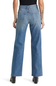 Raw hems and deep fading refresh the retro-inspired style of wide-leg jeans handcrafted in Los Angeles from Italian stretch denim. 32" inseam; 21" leg opening; 12 1/2" front rise; 15 1/2" back rise (size 29) 98% cotton, 2% elastane Machine wash, tumble dry Made in the USA of imported fabric Relaxed Fit Flare Jeans In Recycled Denim, Straight Fit Wide Leg Cropped Cotton Jeans, Cotton Wide Leg Cropped Jeans, Medium Wash Cotton Straight Fit Flare Jeans, Medium Wash Straight Fit Cotton Flare Jeans, Faded Wide Leg Cropped Cotton Jeans, Faded Denim Flare Jeans With Straight Hem, Retro Wide Leg Bottoms With Frayed Hem, Fall Wide Leg Flare Jeans In Recycled Denim