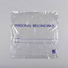 a plastic bag with the words personal belongings on it