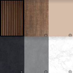 the different colors of wood and marble are shown in this image, including black, white, brown, beige, and grey