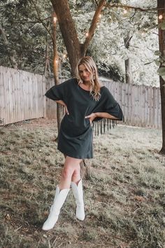 Fringe back T shirt dress Black/navy Model is 5'1 , wearing a size small RUNS BIG T Shirt Dress With Boots, Long Tshirt Dress, Fringe Tshirt, Womens Tall Boots, Shirt Dress Black, Dress With Fringe, Shirt Dress Outfit, Tee Shirt Dress, Girls T Shirt