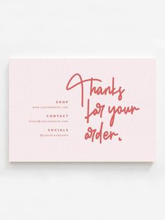 a pink thank card with the words thanks for your order written on it in red ink