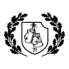 a black and white drawing of two boxing gloves hanging from a ribbon with laurel around it