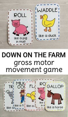 three farm themed cards with the words down on the farm, and an image of a pig