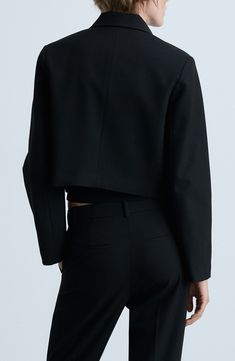 Bold yet minimalist, this menswear-inspired jacket is made from stretchy suiting fabric and cropped to create a contemporary shape. Front button closure Point collar Chest patch pockets Lined 66% polyester, 30% viscose, 4% elastane Spot clean Imported Black Notch Lapel Cropped Jacket For Business, Black Cropped Jacket With Notch Lapel For Business, Black Cropped Jacket For Business, Tailored Cropped Blazer For Workwear, Tailored Cropped Jacket For Business Casual, Tailored Cropped Blazer With Pockets, Cropped Office Blazer With Pockets, Tailored Cropped Jacket For Business, Modern Cropped Jacket For Office