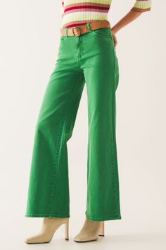 Q2 Cotton blend wide leg jeans in green Types Of Jeans, Stretch Denim Fabric, Stylish Jeans, Denim Pocket, Sequin Shorts, Jumpsuit Shorts Rompers, Turtle Neck Dress, Wrap Sweater, Wide Leg Denim