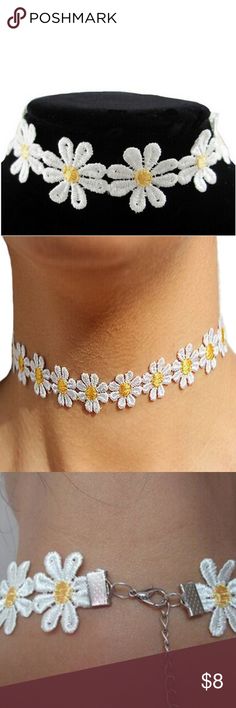 Daisy Days of Summer Choker Necklace A knit crochet choker featuring a row of daisy flowers, and a lobster clasp closure.  Adorable! WickedWondersVIPBling.com Jewelry Necklaces White Flower Choker For Spring, White Floral Choker For Spring, Spring White Adjustable Choker, Spring White Flower Choker, Summer Choker, Crochet Choker, Daisy Flowers, Necklace Choker, Daisy Flower