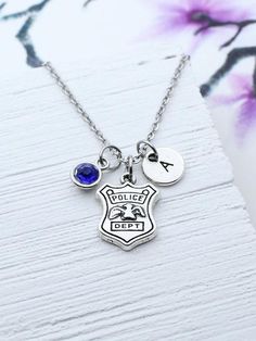 Personalized Police Necklace, Police Dept Jewelry, Police Department Charm, Gift for Police Women, P Police Necklace, Cheerleading Gifts, Medical Gifts, Police Dept, Police Women, Birthstone Colors, Bangle Bracelets With Charms, Charm Bangle, Birthstone Charms