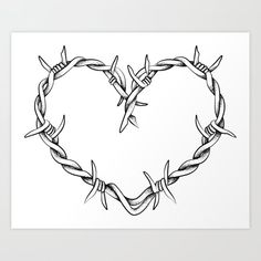 a black and white drawing of a heart made up of barbed wire with two birds on it