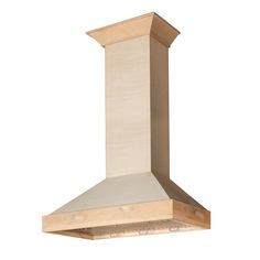 an image of a kitchen range hood made of wood and stainless steel with a white background