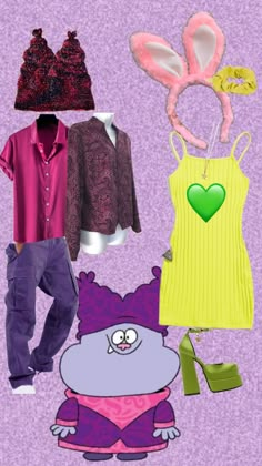 an assortment of clothing and accessories are displayed on a purple background with pink, green, and yellow accents