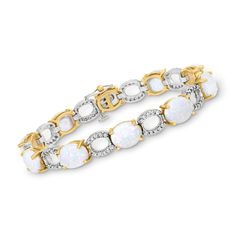 Ross-Simons - Opal, 1.00ct t. w. Diamond Bracelet in 14kt Two-Tone Gold. 6.75". Our stunning bracelet is brimming with snowy sparkle and dreamy gemstones! 10x8mm oval opals in 14kt yellow gold and 1.00 ct. t. w. diamond rounds in open circles of 14kt white gold wrap the wrist in an enduring two-tone design that is beautifully unique and ultra-versatile. Figure 8 safety. Push-button clasp, diamond and opal bracelet. Opal birthstones are the perfect gift for October birthdays. October Birthdays, Opal Birthstone, Gold Wrap, Figure 8, Opal Bracelet, Fine Jewelry Bracelets, Diamond Bracelet, Two Tone, Jewelry Bracelets