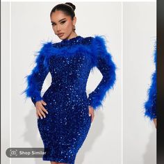 Brand New Zipper In Back Open Back Blue Winter Cocktail Dress, Blue Sequin Dress For Fall, Glamorous Blue Mini Dress For Fall, Blue Glamorous Winter Dresses, Royal Blue Party Dress For Fall, Sequence Dress, Blue Feather, Fashion Nova Dress, Fashion Nova Dresses