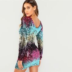 Embroidery Zipper Sequin Long Sleeve Elegant Mini Dress - Uniqistic.com Multicolor Sequins, Elegant Mini Dress, Long Sleeve Sequin Dress, Wedding Elegant, Party Dress Long Sleeve, Sparkle Dress, Woman Silhouette, Sequin Mini, Sequin Mini Dress