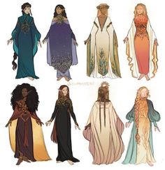 six different types of women dressed in medieval clothing, with long hair and wearing crowns