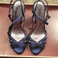 Size 8.5 Never Worn Blue And Silver Blue Almond Toe Sandals For Formal Occasions, Formal Blue Almond Toe Sandals, Heels Blue, Rhinestone Jeans, Cute Heels, Antonio Melani, Heart Eyes, Dream Wardrobe, Blue And Silver