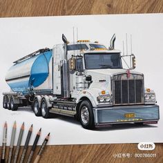 a drawing of a large truck with a blue cone on the front, and two colored pencils next to it