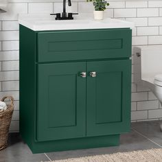 a white toilet sitting next to a green cabinet in a bathroom on top of a rug