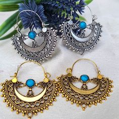 Two Turquoise Basket Weaver Hoop Earrings Blue Bohemian Metal Hoop Earrings, Summer Blue Metal Hoop Earrings, Bohemian Turquoise Hoop Earrings Nickel Free, Blue Hoop Earrings For Summer Festivals, Blue Bohemian Hoop Earrings For Pierced Ears, Blue Bohemian Hoop Earrings, Blue Small Hoop Earrings For Festival, Turquoise Metal Hoop Jewelry, Turquoise Hoop Metal Jewelry