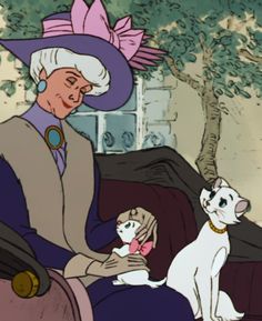 an old woman sitting on a couch with a cat and dog in front of her