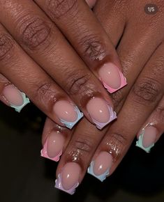 Short Square Pink French Tip Nails, Unique Pink French Tip Nails, Pink And Blue French Tip Nails Short, Overlay Nail Designs, Different Shade Pink French Tip Nails, Cute Short Nail Sets Pink French, Cute Overlay Nails, Square Medium Nails